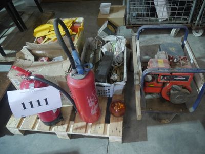 two fire extinguisors sitting on pallets next to each other