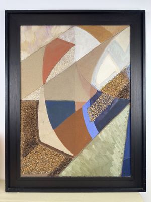 painting of abstract shapes in a black frame on a white shelf