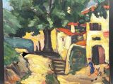 une peinture représentant une peinture d'une maison sur une colline