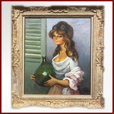 un tableau représentant une femme tenant un vase devant une fenêtre