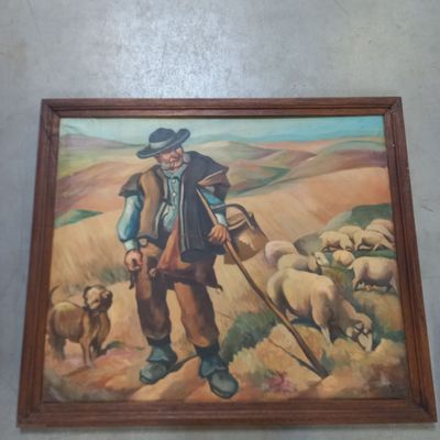 painting of a man with a dog and a flock of sheep