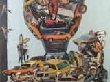 a picture of a painting of a man with a lot of cars