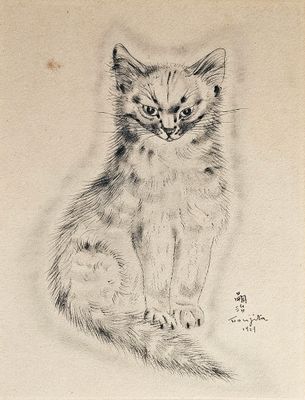 dessin représentant un chat assis par terre, les yeux ouverts