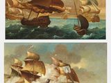 deux photos d'un tableau représentant des bateaux sur un plan d'eau