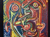 une peinture abstraite représentant le visage d'un homme sur fond noir