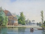 a painting of a boat on a river with a house in the background