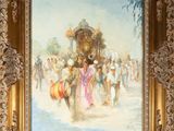 painting of a group of people walking down a street with a horse drawn carriage in the background