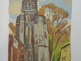 a painting of a building with a clock on it