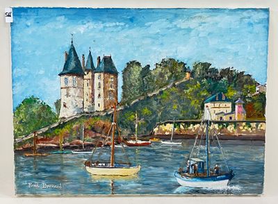 a painting of a boat in the water near a castle