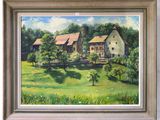 painting of a farm scene with a white dog in the foreground