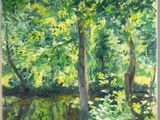 une peinture représentant des arbres et de l'eau dans une zone boisée
