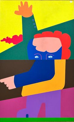 an image of a painting of a man sitting in a chair with his hands up