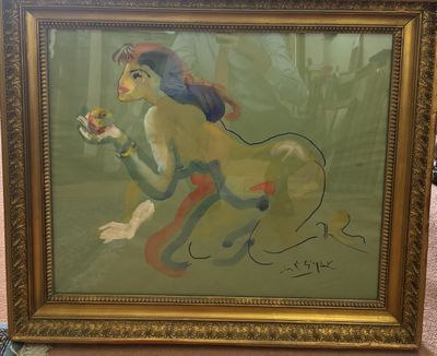 tableau représentant une femme allongée sur le ventre, tenant une fleur