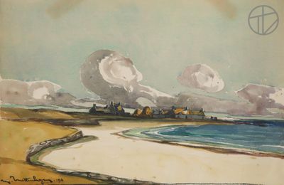 painting of a view of a beach with a house in the distance
