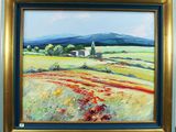une peinture à l'huile d'un champ avec une maison au loin
