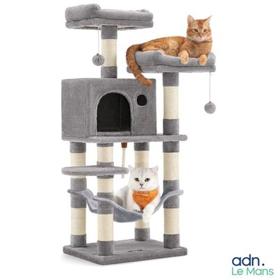 two cats are sitting on top of a cat tree with a ball hanging from the top