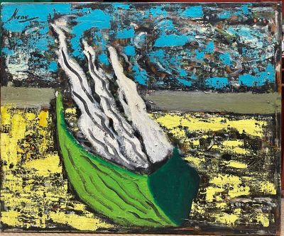 an image of a painting of a green leaf on a yellow background