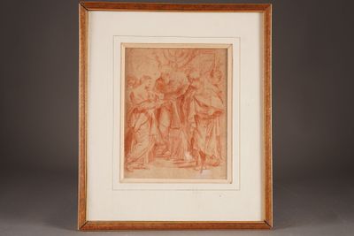 a framed drawing of a group of people in a landscape