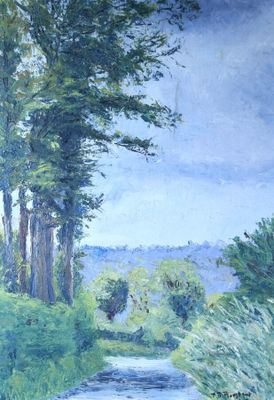 tableau représentant une rivière qui traverse une forêt verdoyante et luxuriante, peuplée d'arbres