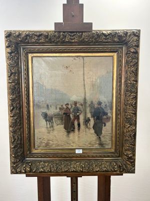 painting of a group of people walking down a street with a horse drawn carriage