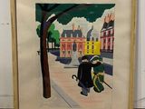 tableau représentant un homme marchant sur un trottoir avec un chien