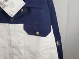 a white and blue jacket with a tag on it