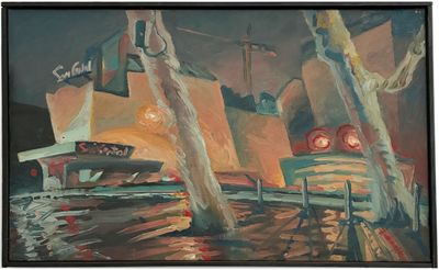 un tableau représentant un bateau sur l'eau, la nuit