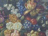 painting of a still life of flowers and fruit on a table