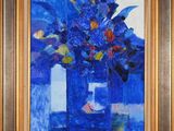painting of a blue vase with flowers in it on a table