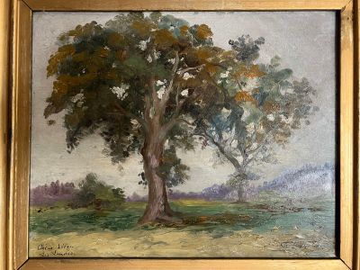 une peinture à l'huile représentant un arbre dans un champ, avec une rivière en arrière-plan