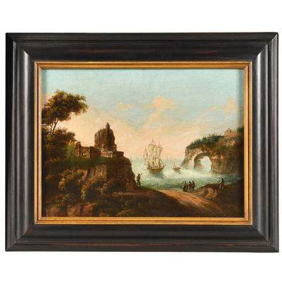 une peinture à l'huile représentant un paysage avec un bateau sur l'eau