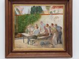 an oil painting of a group of men playing a game of ping pong
