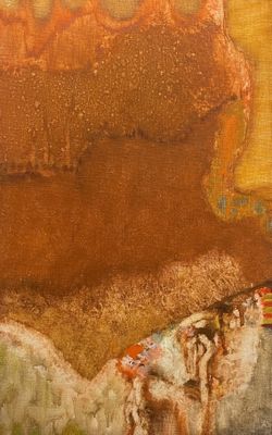 peinture abstraite représentant une femme assise sur un banc dans un parc