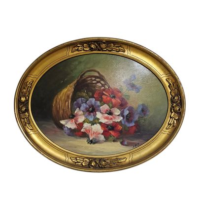 painting of a basket of flowers on a table with a white background