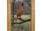 une peinture à l'huile représentant un faisan perché sur une branche d'arbre