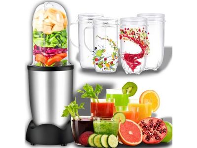 a blender that has various fruits and vegetables in it