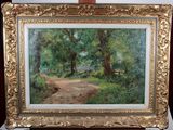 an oil painting of a path in a wooded area with trees in the background