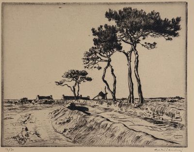 an image of a drawing of trees in a field with a house in the distance