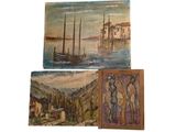 three paintings of boats in a harbor and a boat in the water