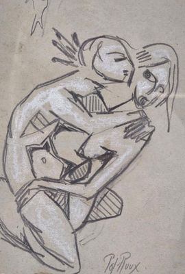 dessin représentant un homme en train d'enlacer une femme assise sur une chaise