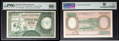 three different types of bank notes on display in a display case