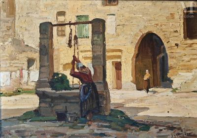 a painting of a woman filling water from a well