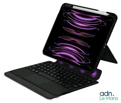 an image of a black laptop with a purple keyboard on top of it