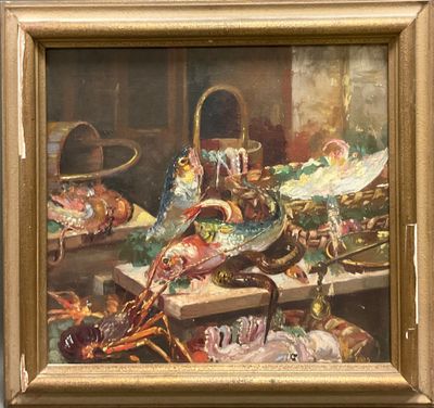 a painting of lobsters and other food on a table