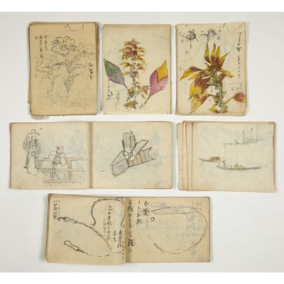 several old books with drawings of birds and flowers on them