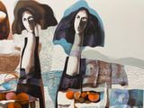 un tableau représentant deux femmes avec des parapluies posés sur une table