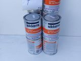 three cans of silkker ' s white paint are stacked on top of each other