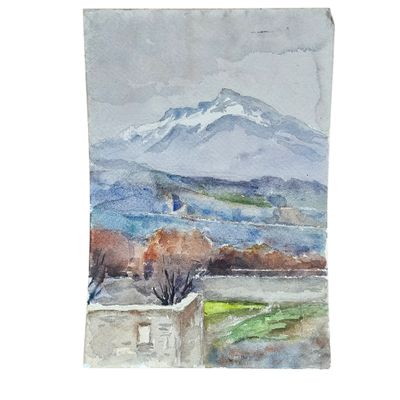 une aquarelle représentant une vue sur une chaîne de montagnes