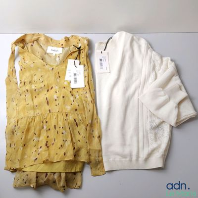 deux vêtements pour femme posés sur une table blanche, avec une étiquette de prix