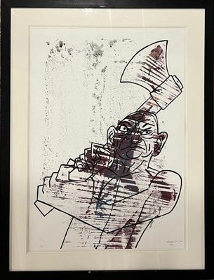 dessin représentant un homme coiffé d'un chapeau et tenant un couteau à la main